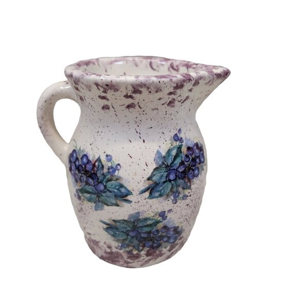 Pitcher Hand Painted Art Studio Pottery Vase Blueberry Plant Leaves‎ Purple Vtg - Picture 1 of 7